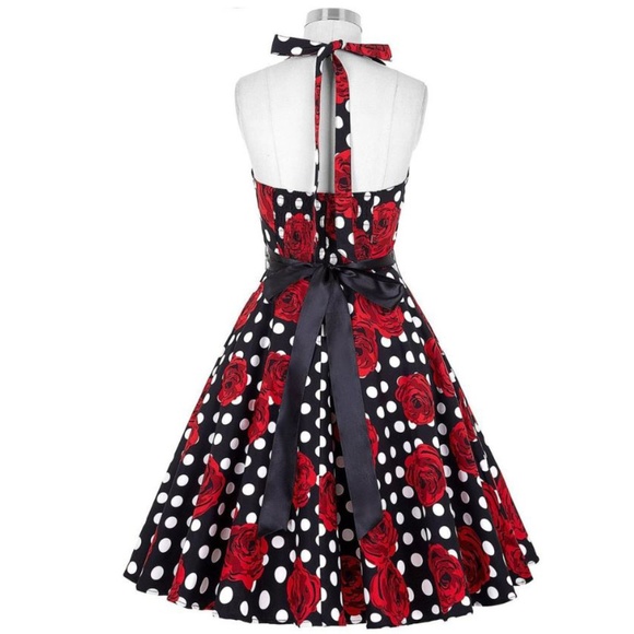 Black and White Polka Dot Dress with Roses - Picture 2 of 8